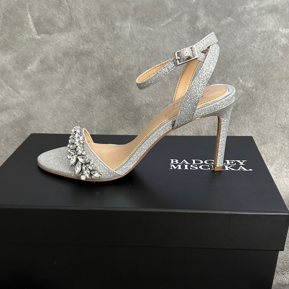 Badgley Mischka Glittering Silver Heels with Jewel Detail